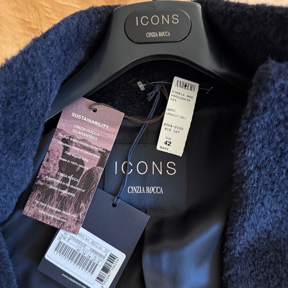 NWT Size 6 Cinzia Rocca Navy Wool and Alpaca Coat with Inverted Notch Collar - Picture 2 of 6